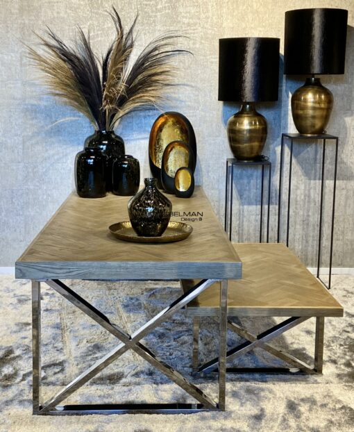 Eettafel visgraat bruin/zilver cross legs 240 cm / Showroommodel