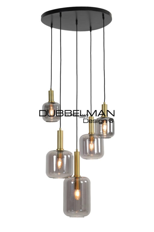 Hanglamp 5L rond antiek brons+smoke glas / 66 cm