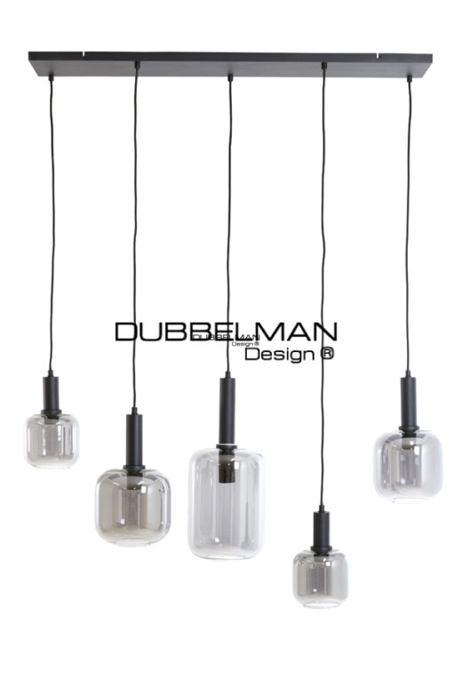 Hanglamp 5L antiek zwart+smoke glas / 110 cm