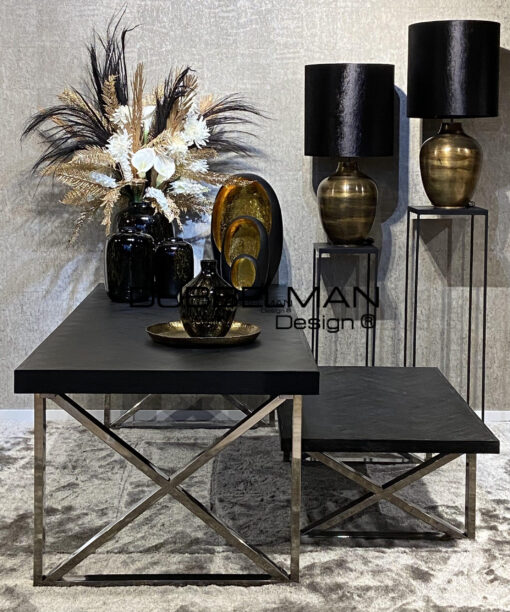 Eettafel visgraat zwart/zilver met cross legs 180 cm