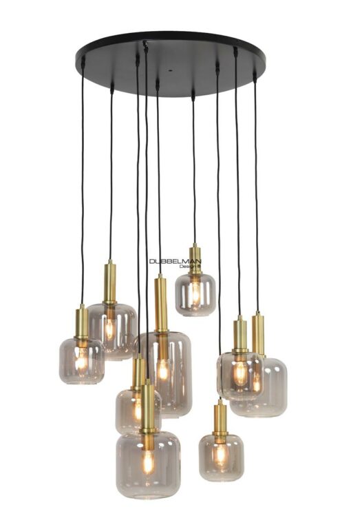 Hanglamp 9L rond antiek brons+smoke glas / 83,5 cm