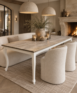 Eettafel hout met witte queen Ann poten landelijke stijl