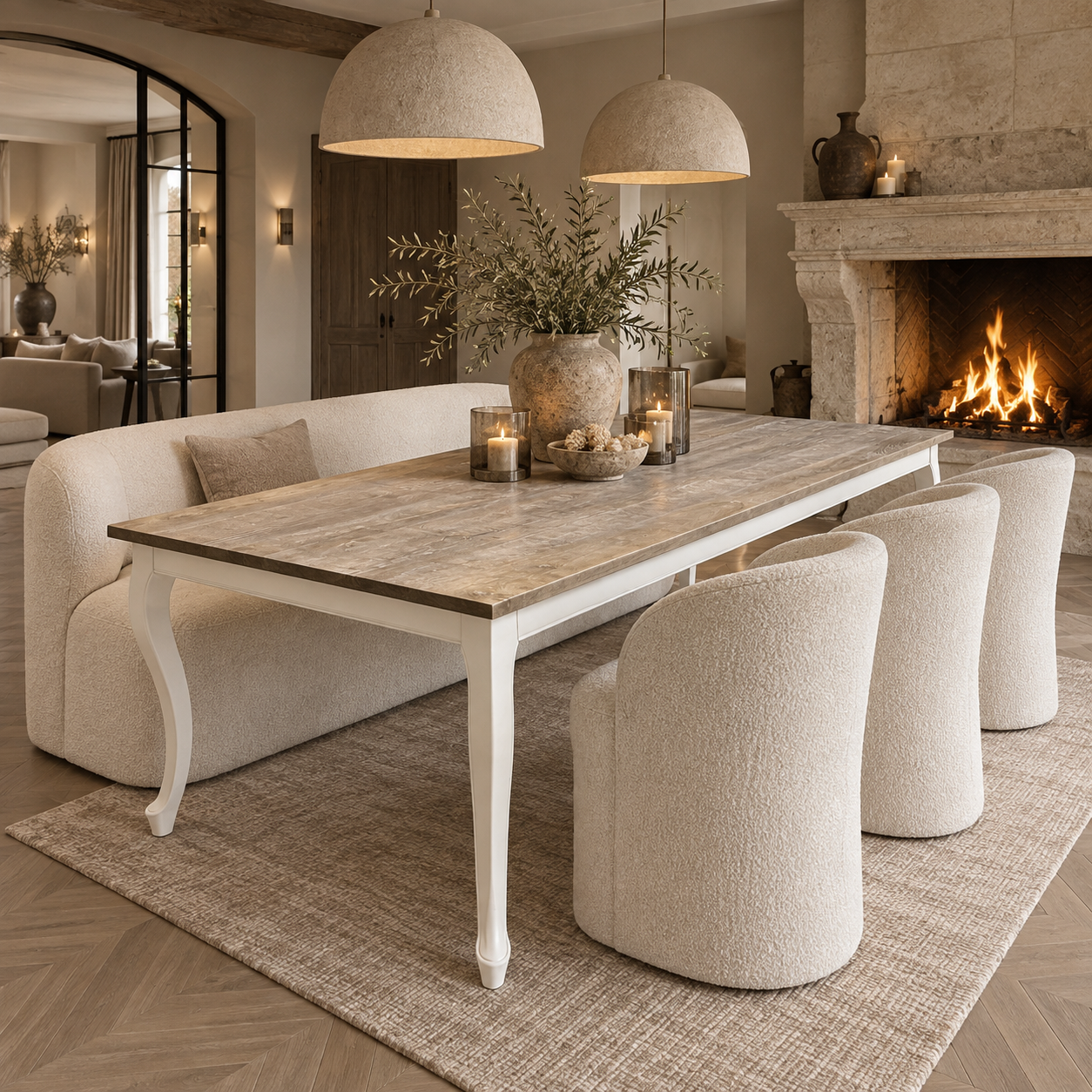 Eettafel hout met witte queen Ann poten landelijke stijl