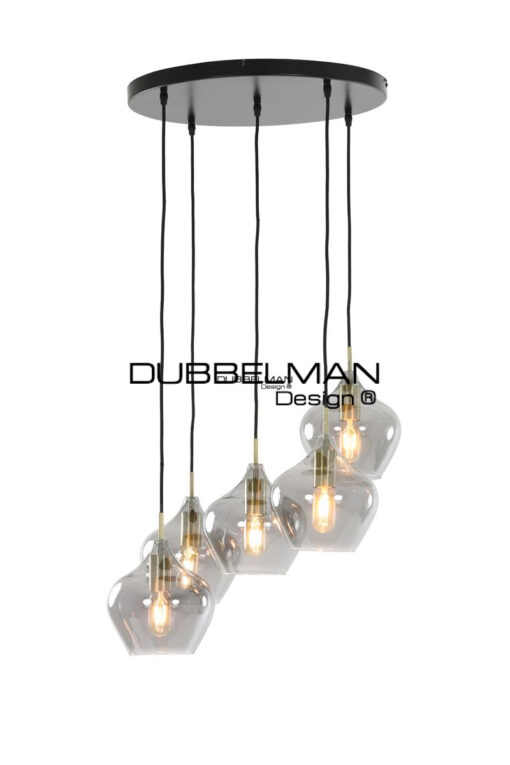 Hanglamp 5L rond antiek brons+smoke glas / 61 cm