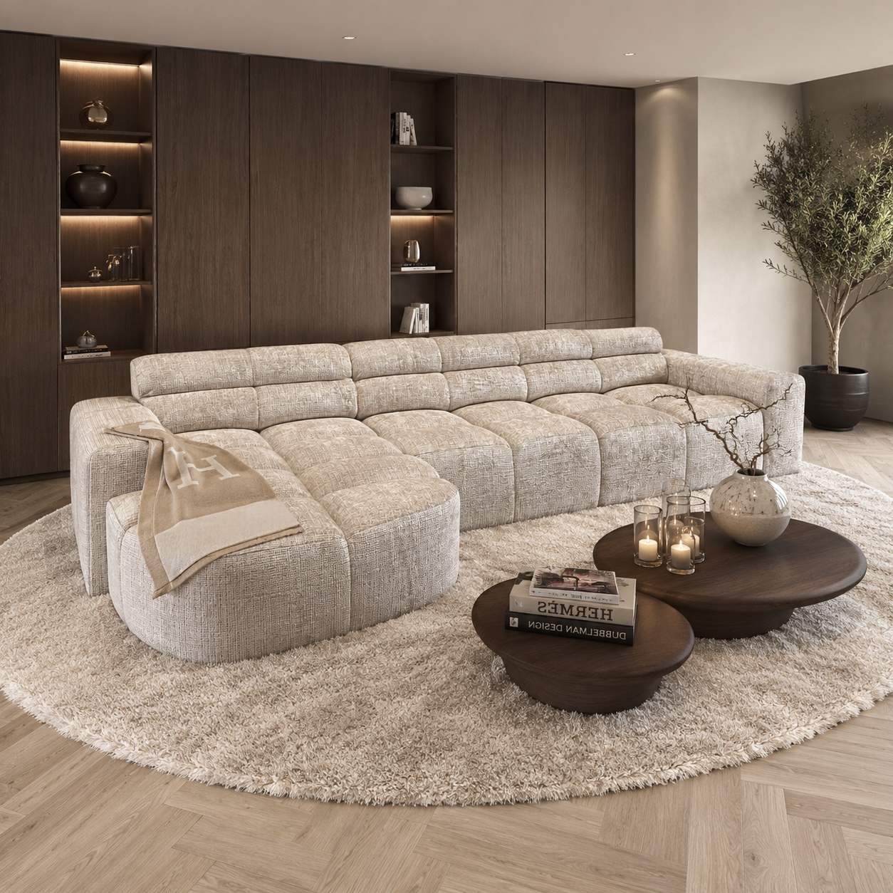Luxe maatwerk bank Woody van Dubbelman Design in hoogwaardige meubelstof cremona