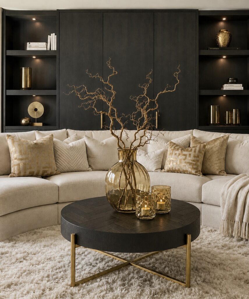 ronde-salontafel-tafel-rond-zwart-eiken-visgraat-goud-hotel-chique