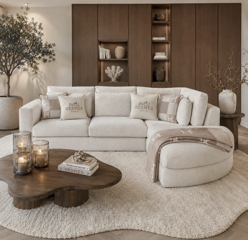 Exclusieve hoekbank Dubai van Dubbelman Design in een luxe meubelstof.