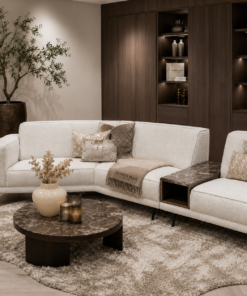 Moderne designbank Senna met vaste kussens en slanke pootje van Dubbelman Design