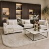 Corner Bench salontafel met Anodic Brown metalen frame en keramiek breccia reale blad, luxe maatwerk salontafel