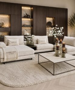 Corner Bench salontafel met Anodic Brown metalen frame en keramiek breccia reale blad, luxe maatwerk salontafel