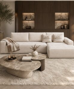 Luxe maatwerk bank Carón met geïntegreerde banktafel, Dubbelman Design
