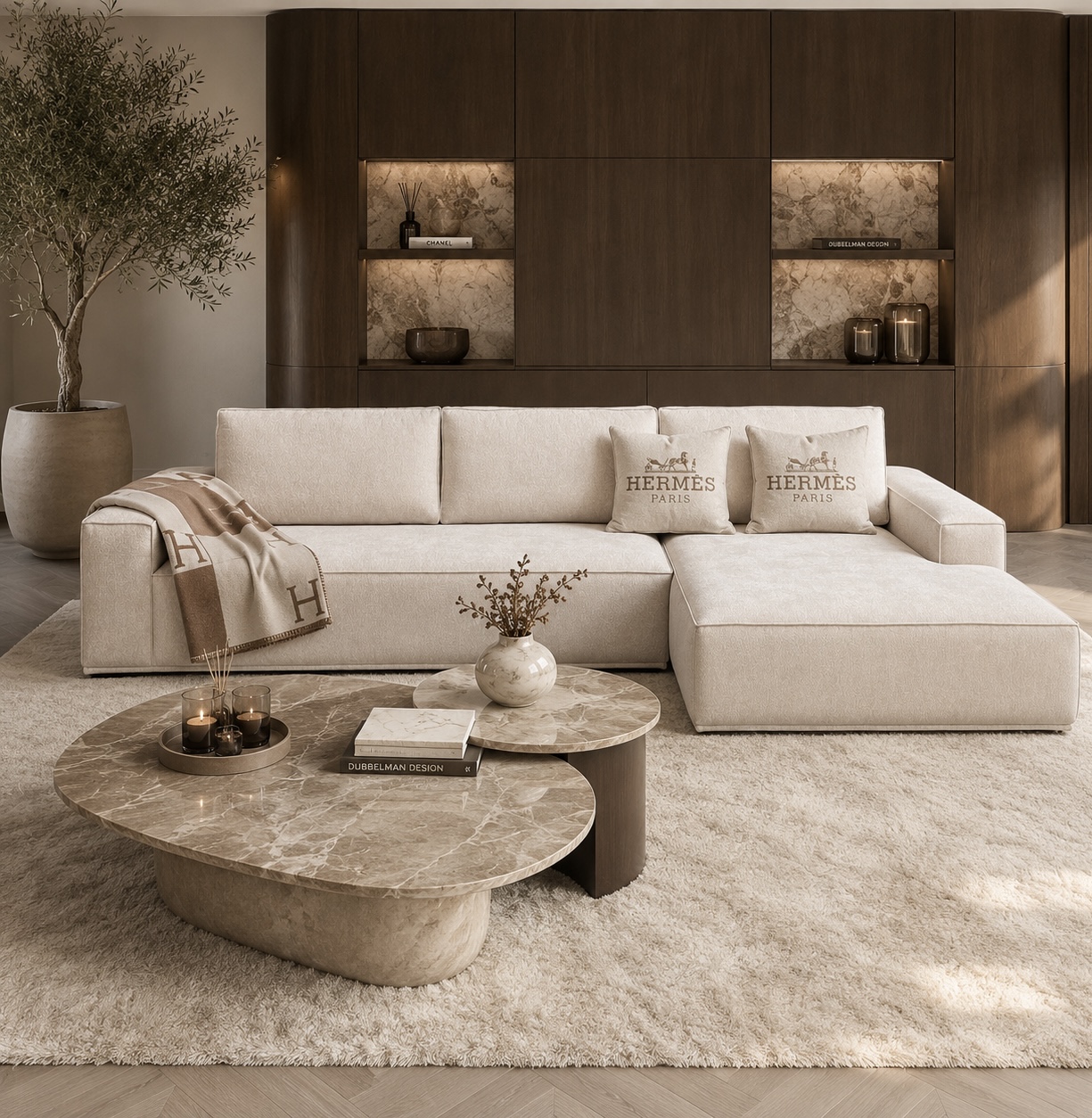 Luxe maatwerk bank Carón met geïntegreerde banktafel, Dubbelman Design