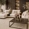 Corner Bench salontafel met Anodic Brown metalen frame en Onyx houten blad, luxe maatwerk salontafel