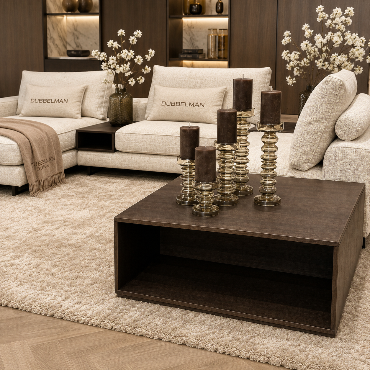 Bank Romée luxe maatwerk elementenbank met banktafel in beige hotel chique interieur