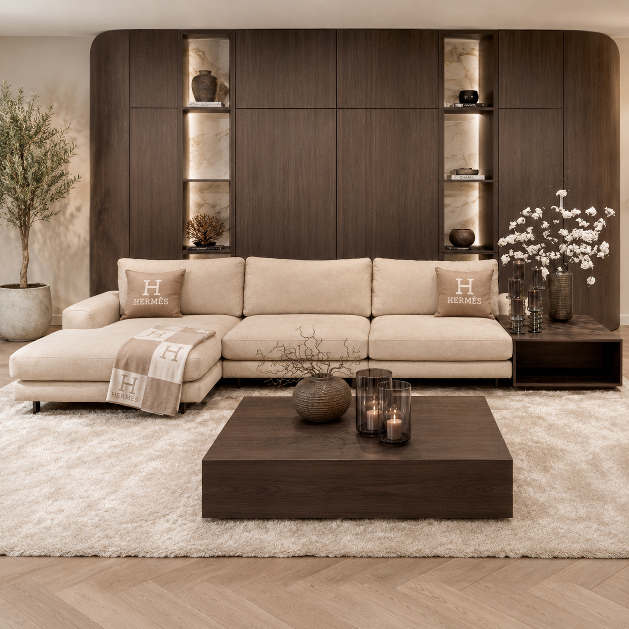 Bank Romée luxe maatwerk elementenbank in beige hotel chique interieur