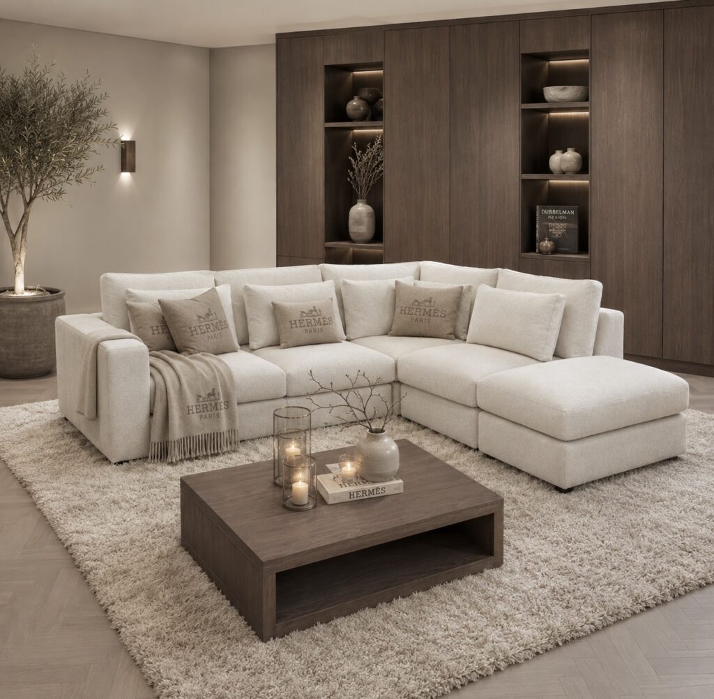 Exclusieve hoekbank Dubai van Dubbelman Design in een luxe meubelstof.
