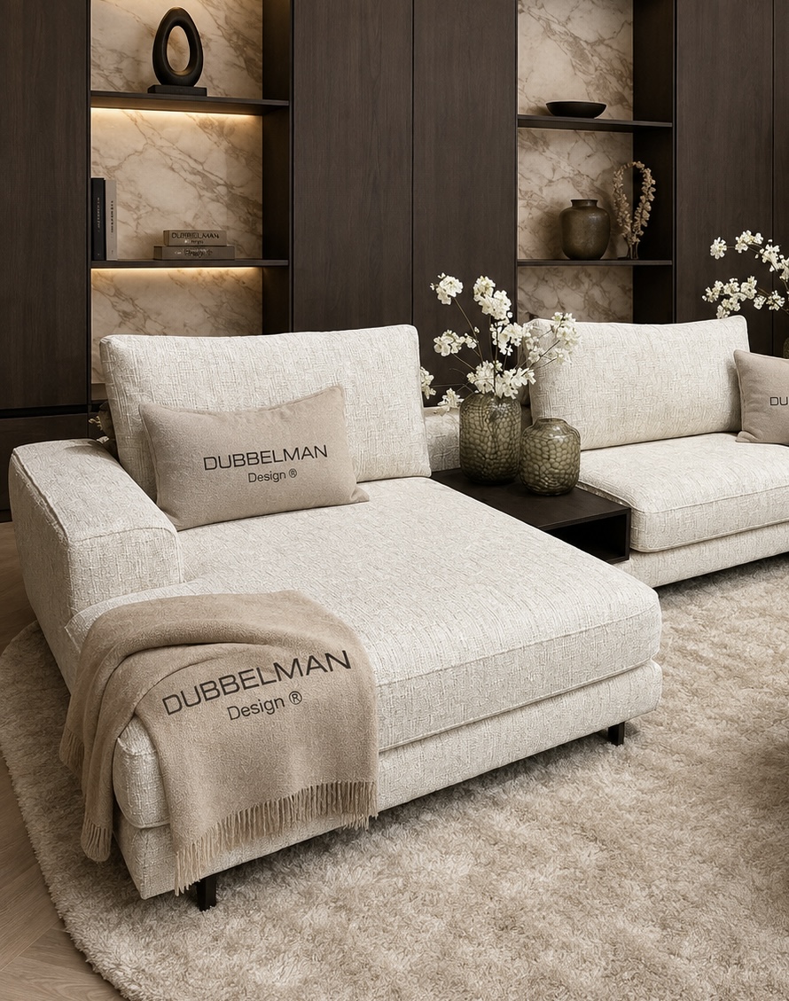 Bank Romée luxe maatwerk elementenbank met banktafel in beige hotel chique interieur