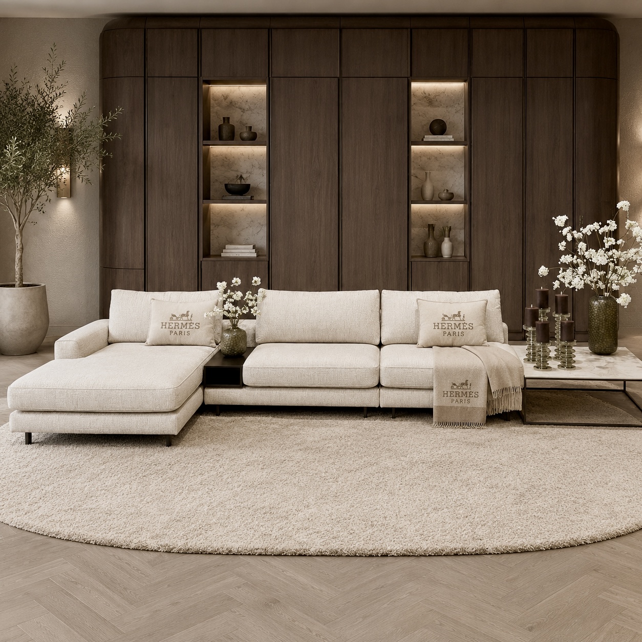 Corner Bench salontafel met Anodic Brown metalen frame en keramiek breccia reale blad, luxe maatwerk salontafel