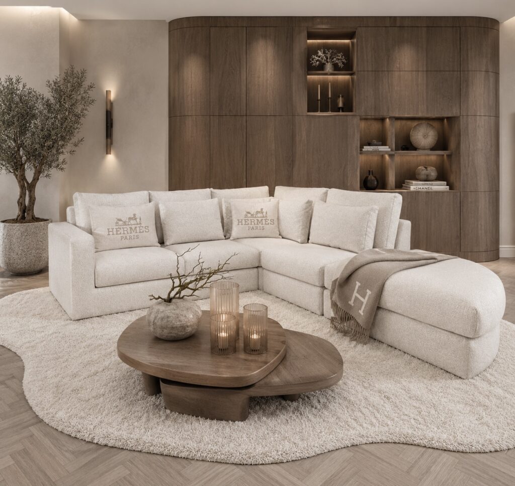Exclusieve hoekbank Dubai van Dubbelman Design in een luxe meubelstof.