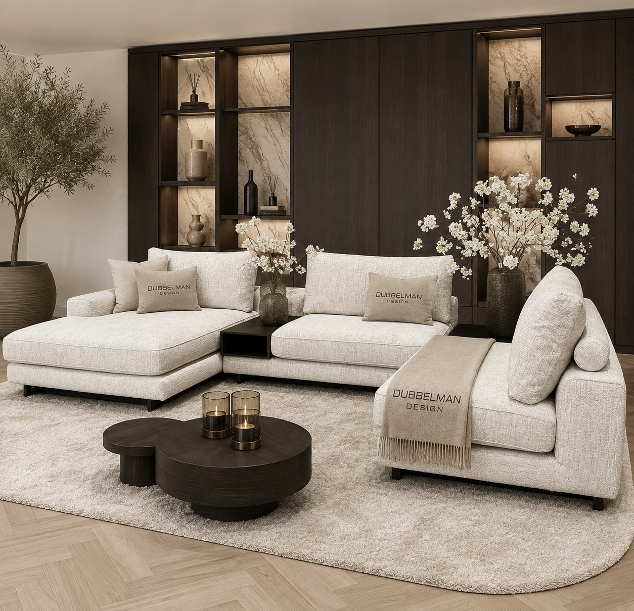 Bank Romée luxe maatwerk elementenbank met banktafel in beige hotel chique interieur
