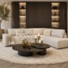 Luxe maatwerk lounge bank Carón met curve en met geïntegreerde tafel, Dubbelman Design hotel chique interieur