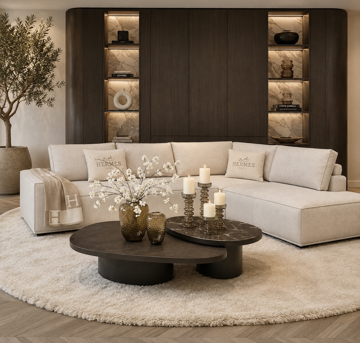 Luxe maatwerk lounge bank Carón met curve en met geïntegreerde tafel, Dubbelman Design hotel chique interieur