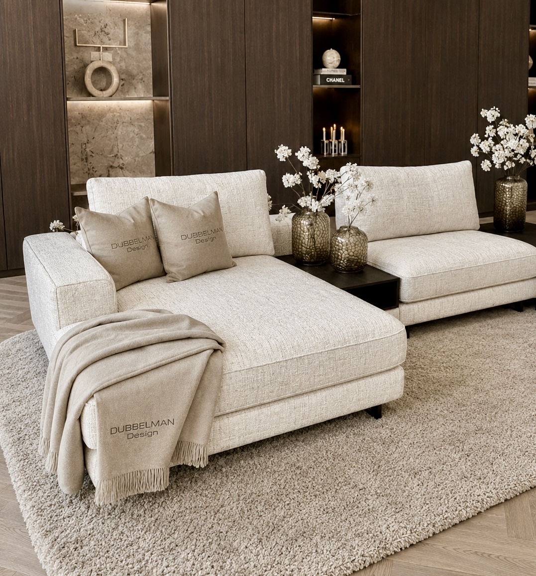 Bank Romée luxe maatwerk elementenbank met banktafel in beige hotel chique interieur