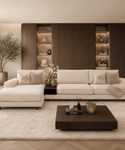Bank Romée luxe maatwerk elementenbank met banktafel in beige hotel chique interieur