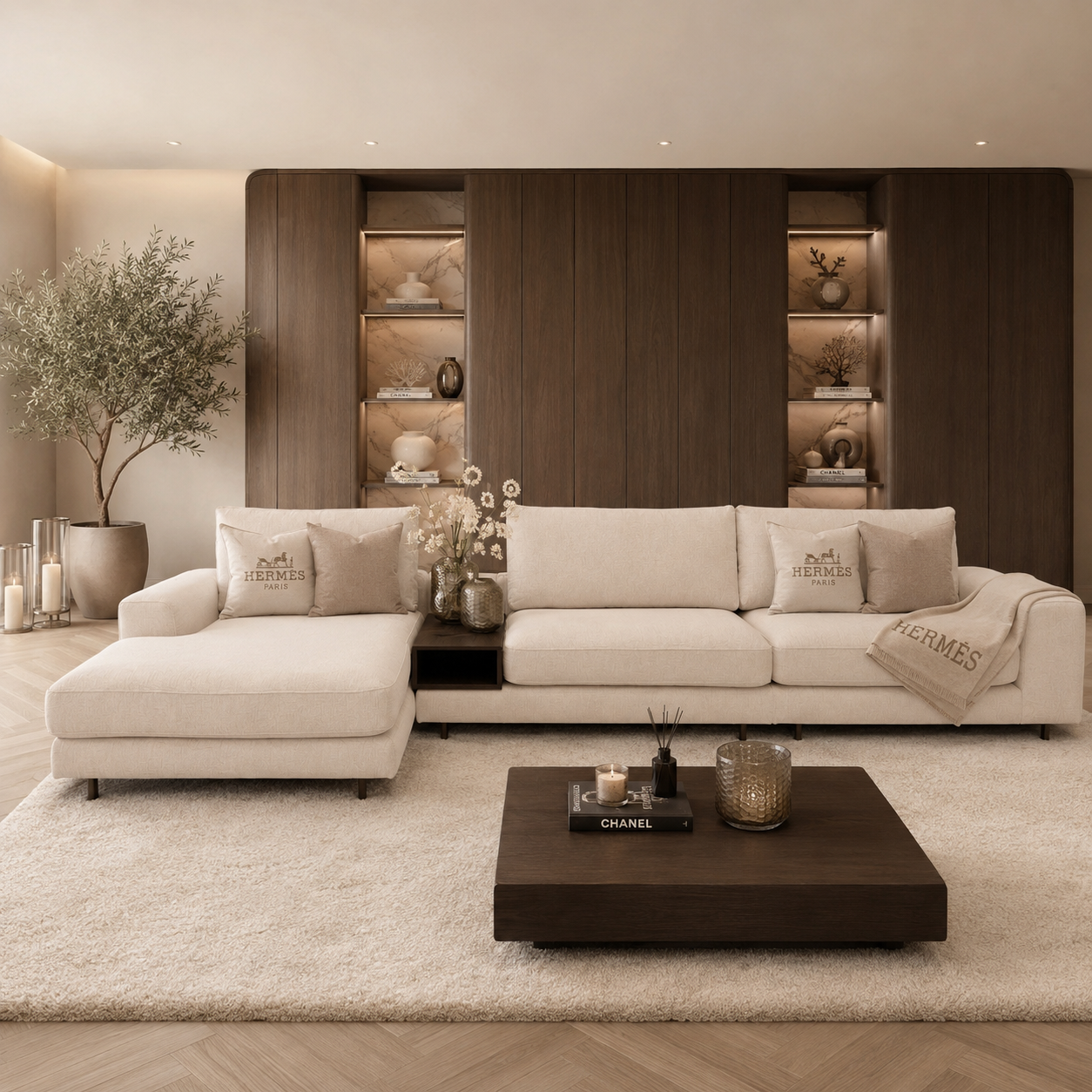 Bank Romée luxe maatwerk elementenbank met banktafel in beige hotel chique interieur