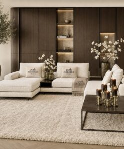 Corner Bench salontafel met Anodic Brown metalen frame en Onyx houten blad, luxe maatwerk salontafel