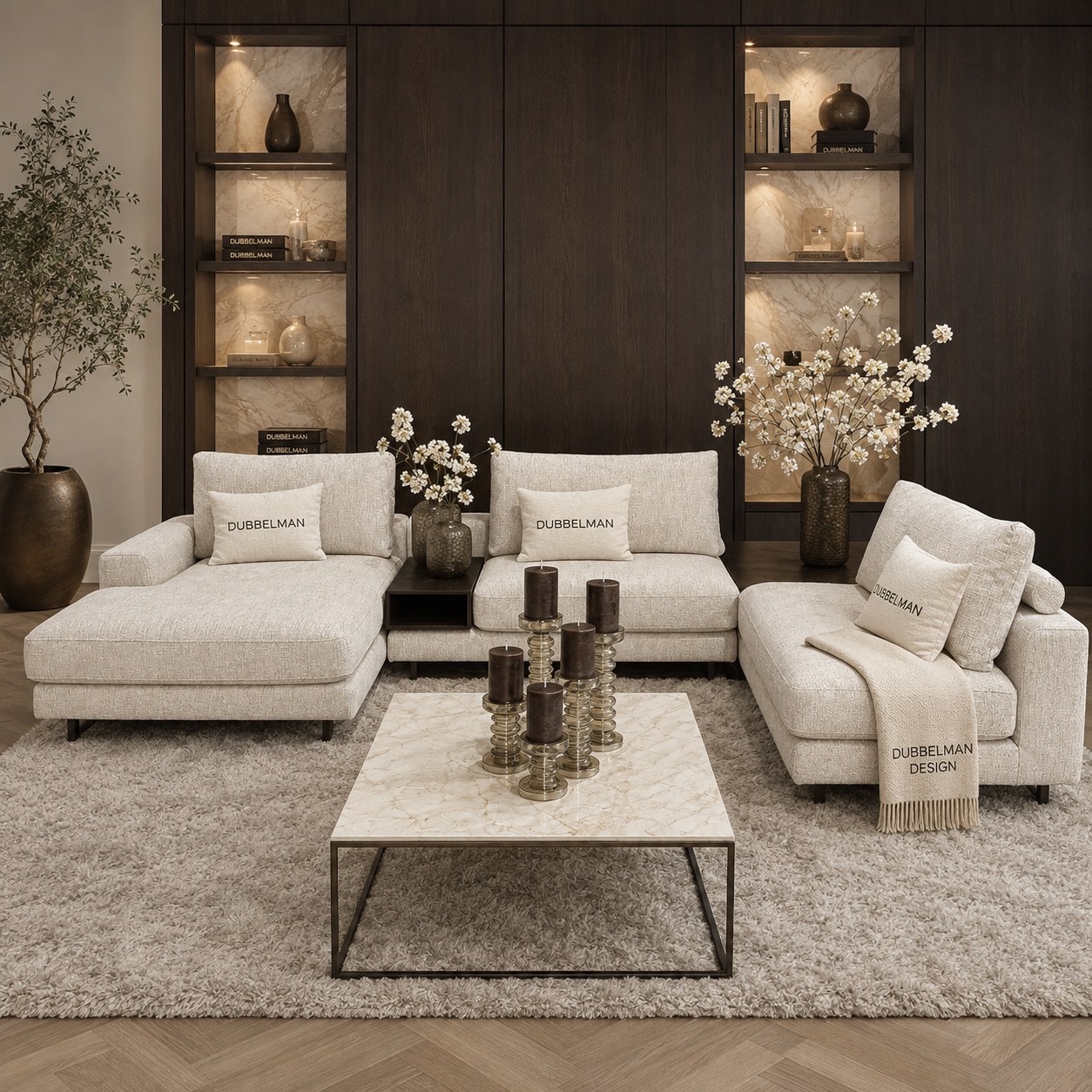 Bank Romée luxe maatwerk elementenbank met banktafel in beige hotel chique interieur