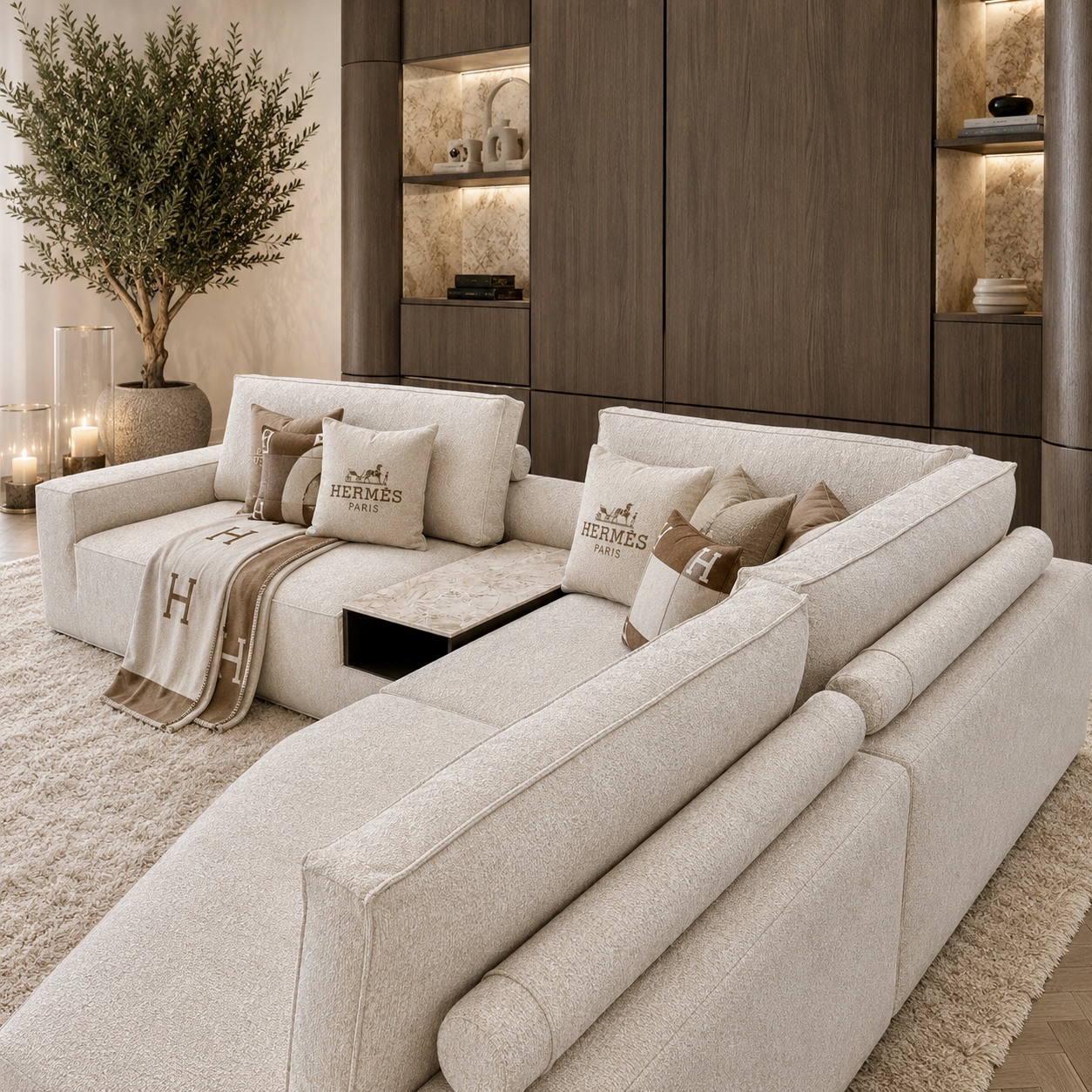 Luxe maatwerk elementen bank Carón met curve en met geïntegreerde tafel, Dubbelman Design hotel chique interieur