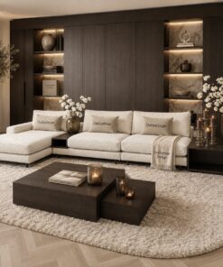 Bank Romée luxe maatwerk elementenbank met banktafel in beige hotel chique interieur