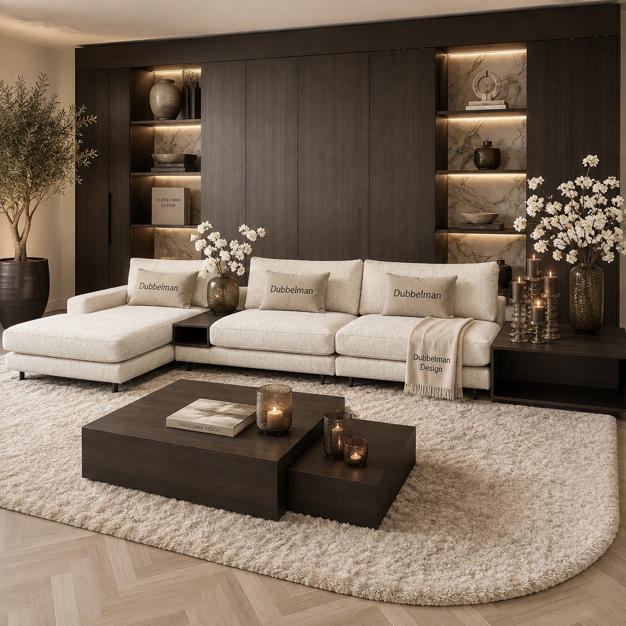Bank Romée luxe maatwerk elementenbank met banktafel in beige hotel chique interieur