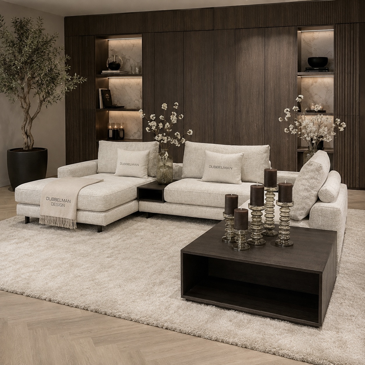 Luxe houten corner table op maat in donkerbruin hout