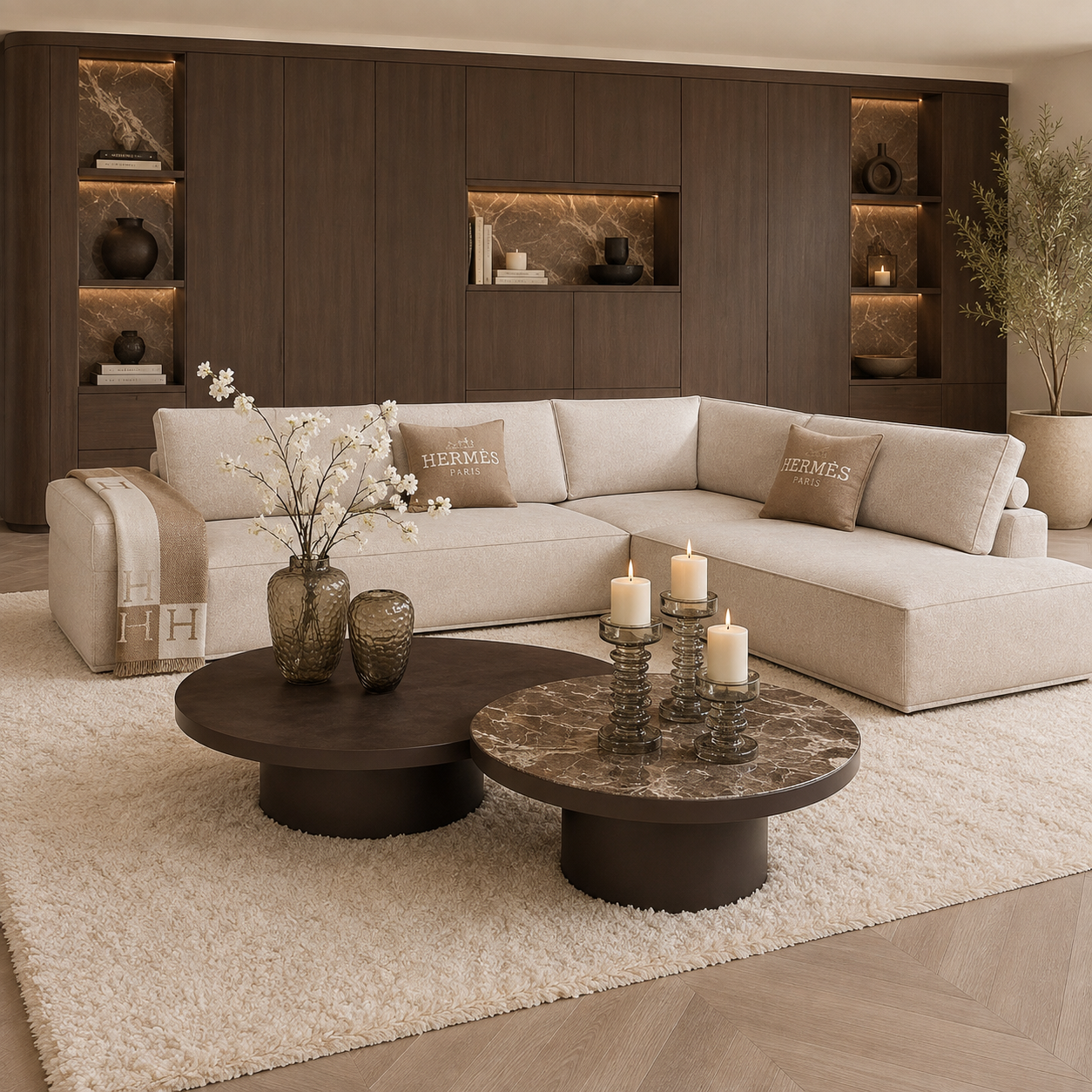 Maatwerk salontafel Lemont in marmer emperador dark, Dubbelman Design hotel chique interieur