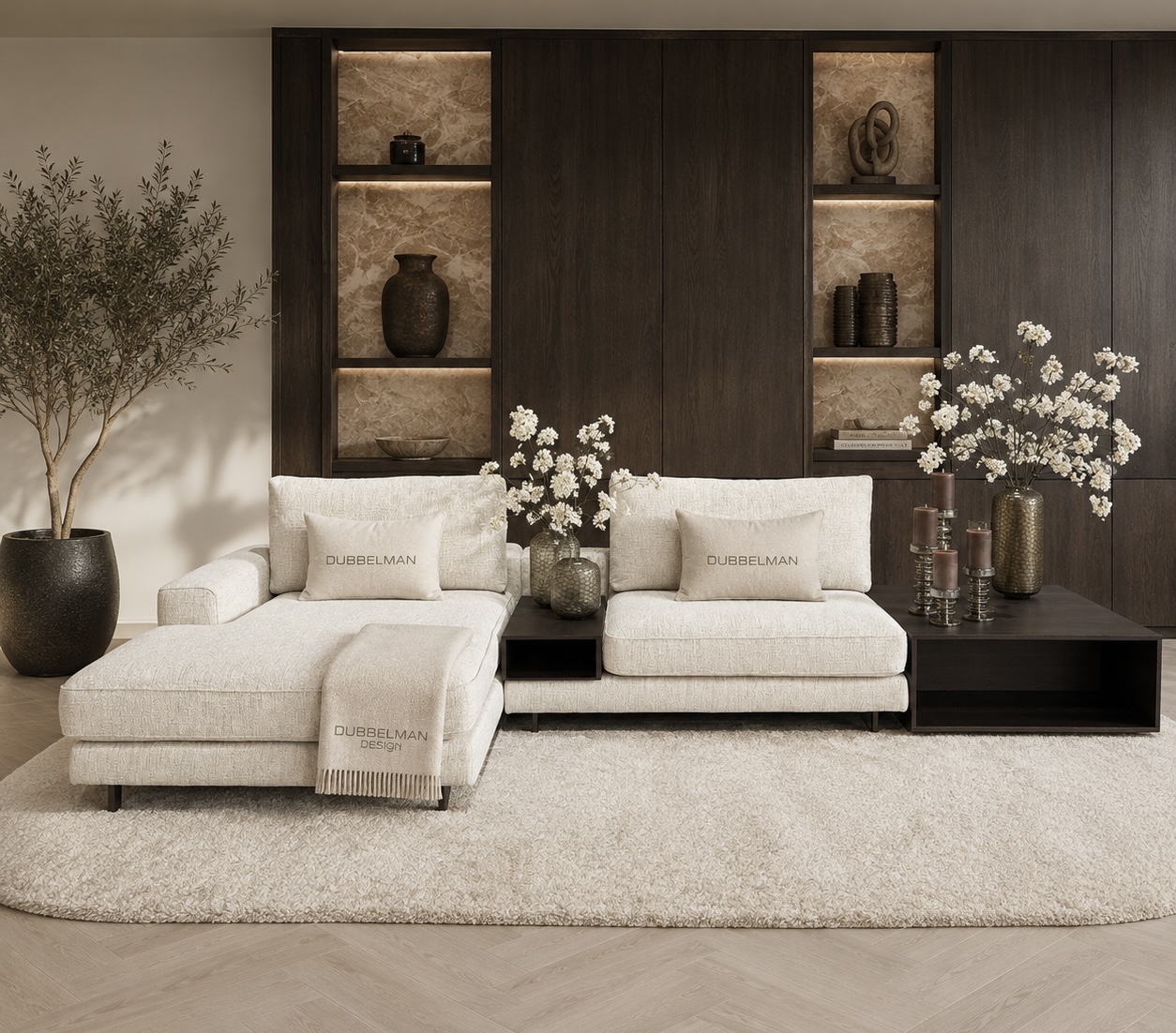 Luxe houten corner table op maat in donkerbruin hout