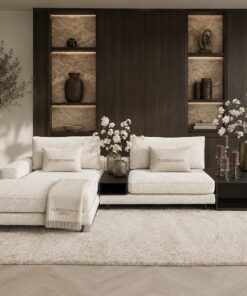 Bank Romée luxe maatwerk elementenbank met banktafel in beige hotel chique interieur