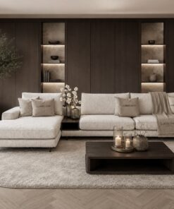 Bank Romée luxe maatwerk elementenbank met banktafel in beige hotel chique interieur