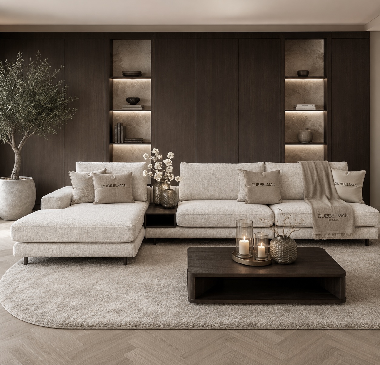 Bank Romée luxe maatwerk elementenbank met banktafel in beige hotel chique interieur