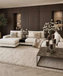 Corner Bench salontafel met Anodic Brown metalen frame en marmer Emperador Dark blad, luxe maatwerk salontafel