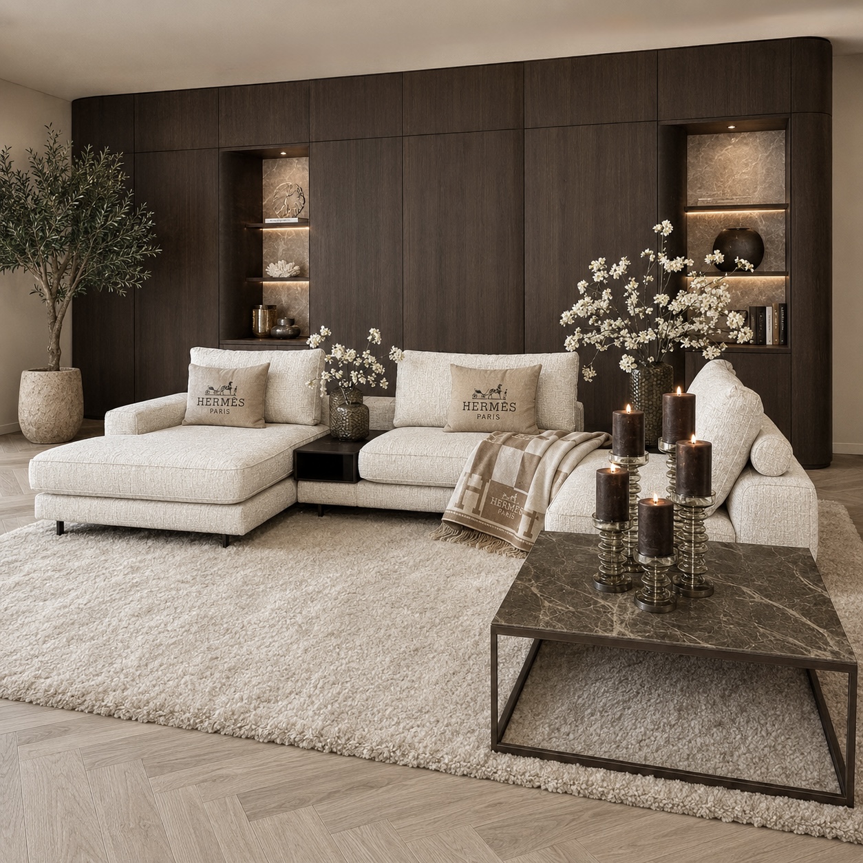 Corner Bench salontafel met Anodic Brown metalen frame en marmer Emperador Dark blad, luxe maatwerk salontafel