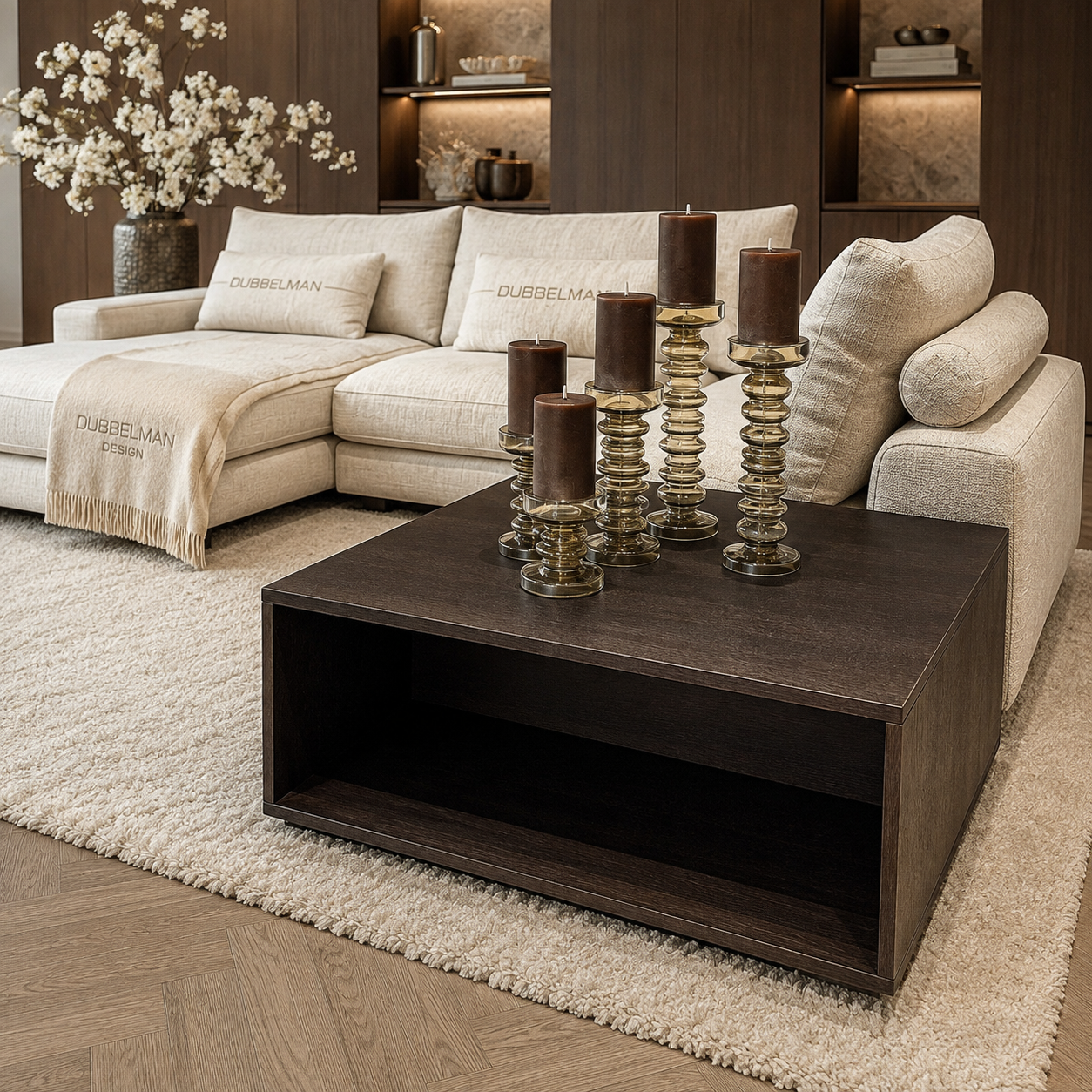 Bank Romée luxe maatwerk elementenbank met banktafel in beige hotel chique interieur