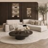 Luxe maatwerk elementen bank Carón met curve en met geïntegreerde tafel, Dubbelman Design hotel chique interieur