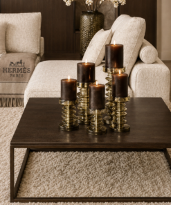 Corner Bench salontafel met Anodic Brown metalen frame en Onyx houten blad, luxe maatwerk salontafel