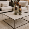 Corner Bench salontafel met Anodic Brown metalen frame en keramiek breccia reale blad, luxe maatwerk salontafel