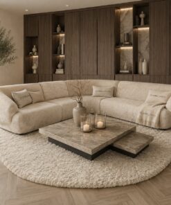 Bank Nivé, prachtige elementenbank op maat met ronde vormen en heerlijk zitcomfort van Dubbelman maatwerk hotel chique Japandi