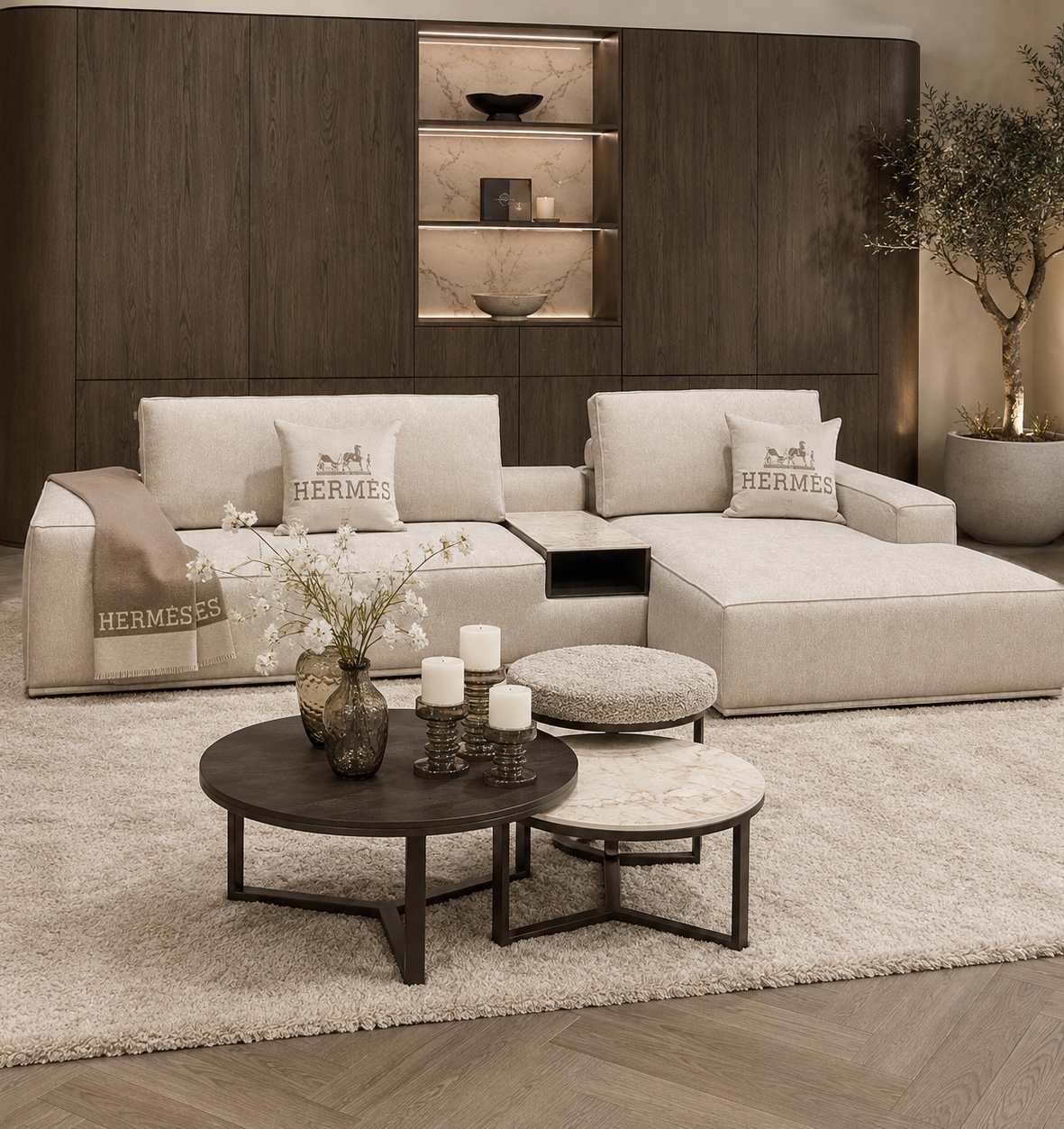 Luxe maatwerk elementen bank Carón met geïntegreerde tafel, Dubbelman Design hotel chique interieur
