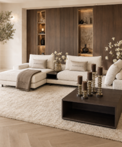 Bank Romée luxe maatwerk elementenbank met banktafel in beige hotel chique interieur