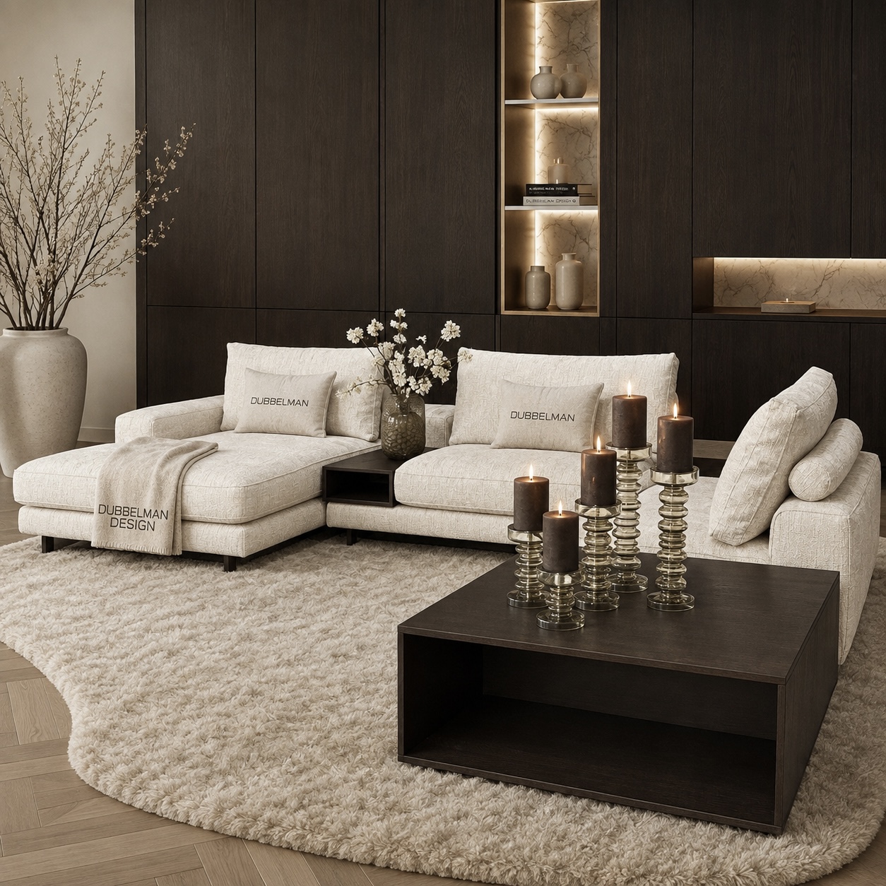 Bank Romée luxe maatwerk elementenbank met banktafel in beige hotel chique interieur